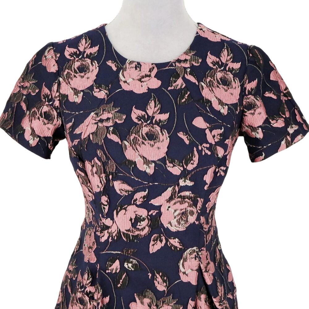 Vince Camuto Dress Womens 6 Navy Blue Pink Floral Brocade Pleated Lined Pockets - Picture 14 of 16